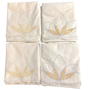 Vintage White Cotton Pillowcase Set 4 Hand Embroidered Lotus Flower Crochet Lace